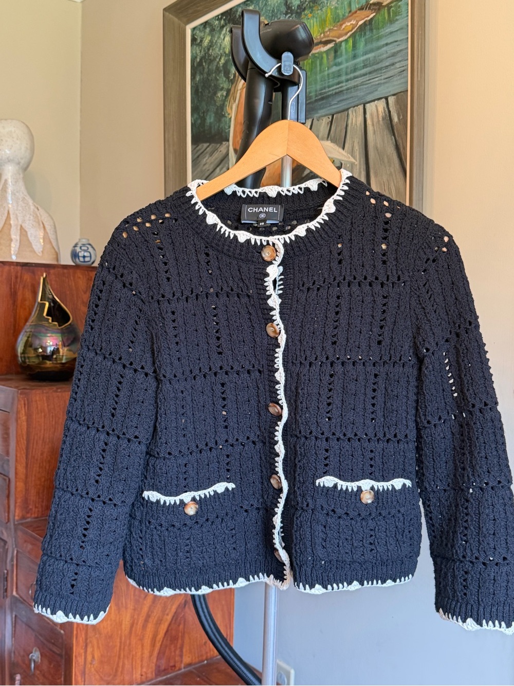 CHANEL Black Crochet Jacket with White Trim Like NEW